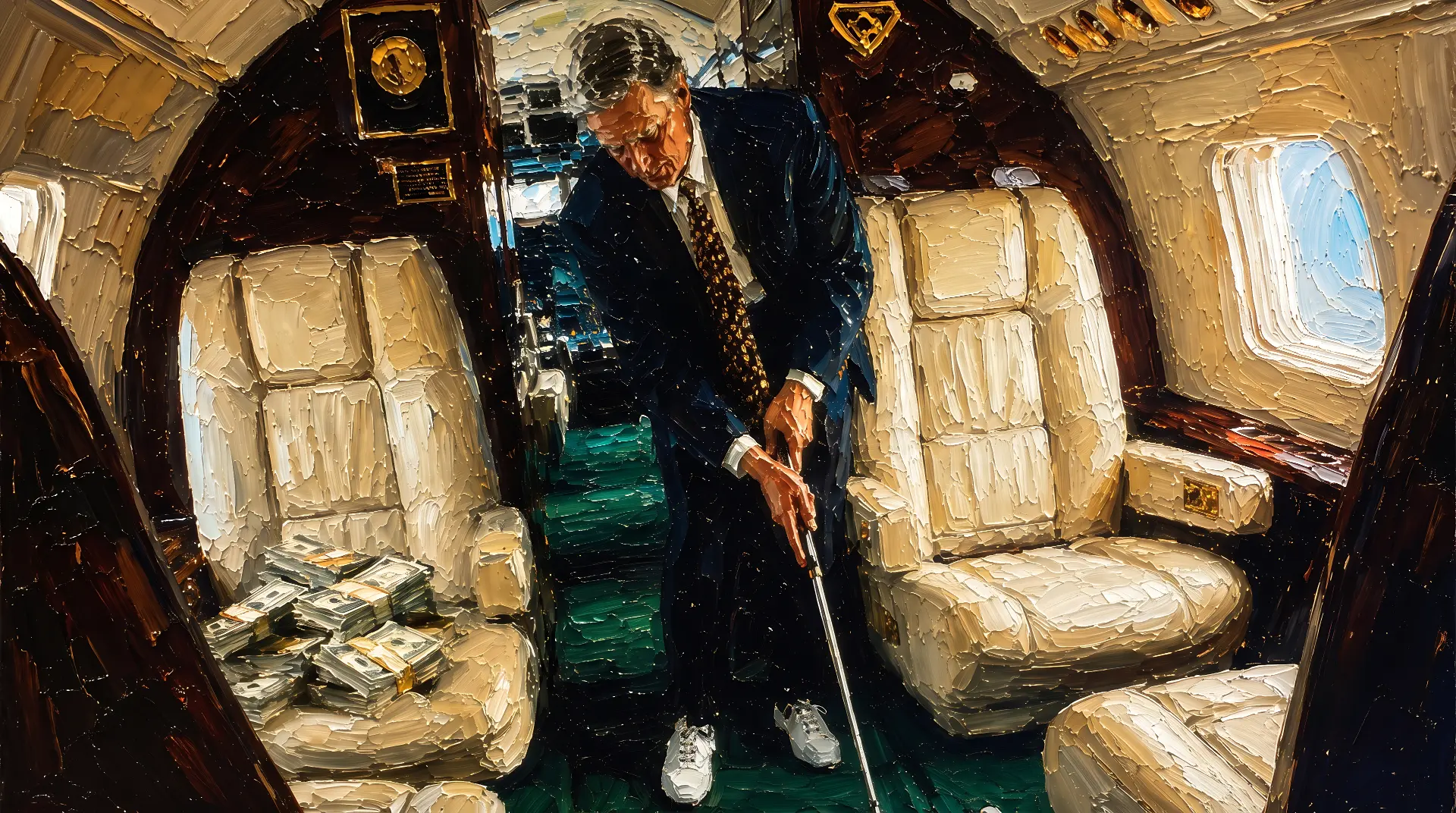 Oil painted businessman putting golf balls inside a private jet stacked with cash