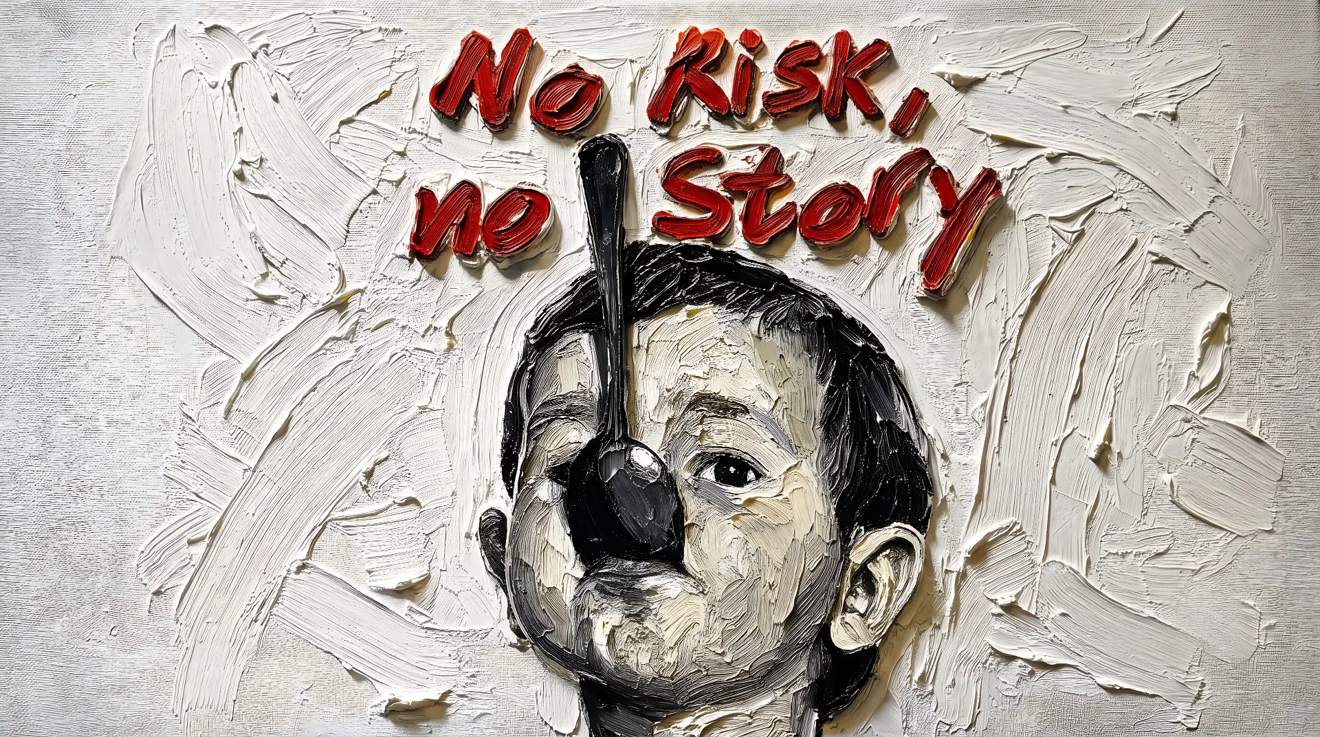 Oil painted face with a spoon and red lettering reading No Risk No Story