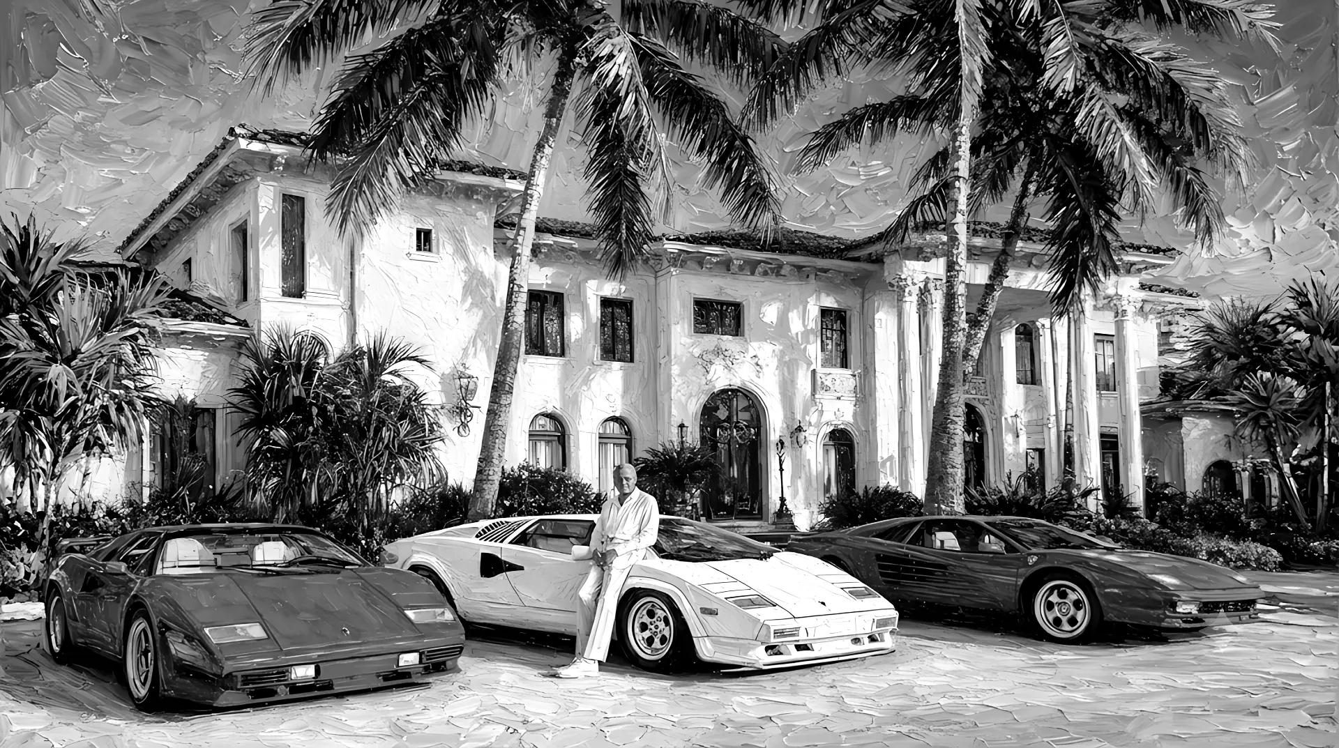 Oil painted black and white mansion with classic supercars under palm trees