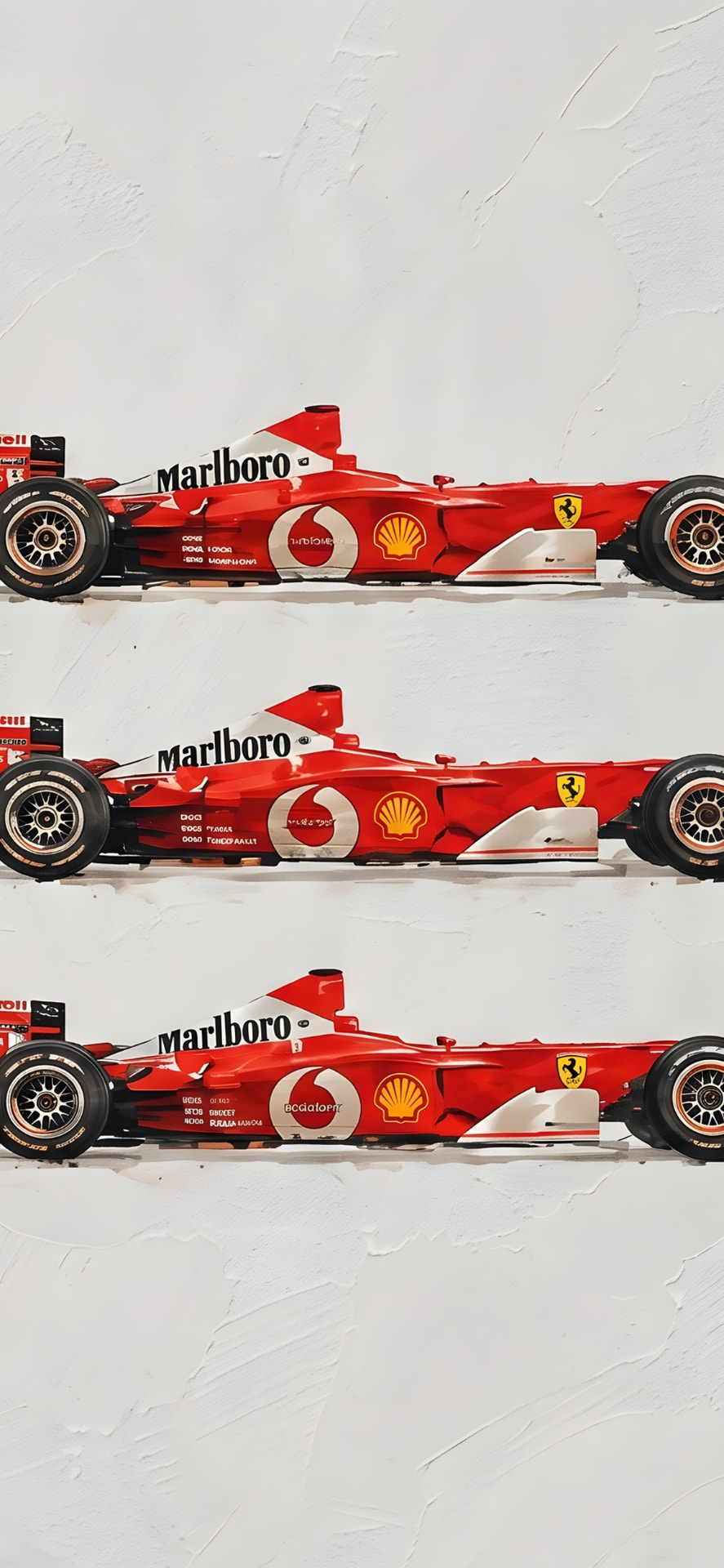 Oil painted trio of red Formula 1 cars lined up on a white textured wall