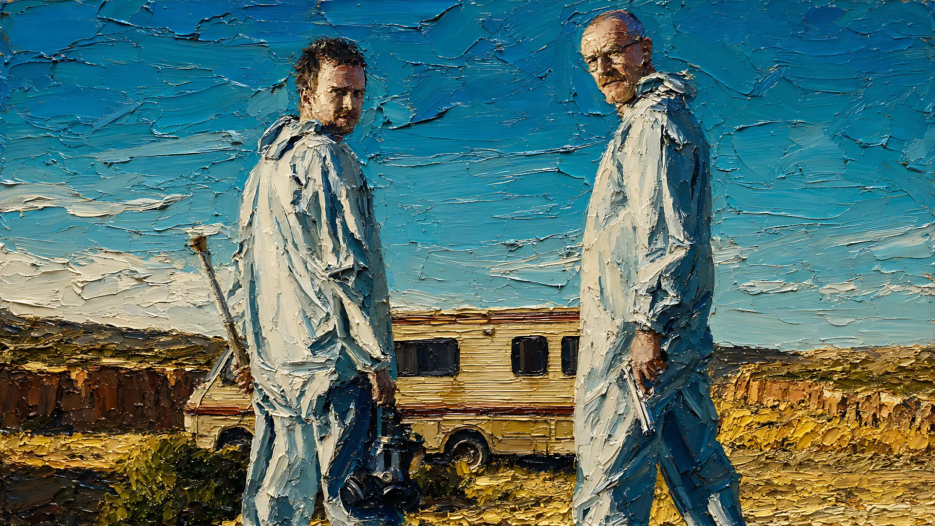 Oil painted pair of men in white hazmat suits in the desert by an RV