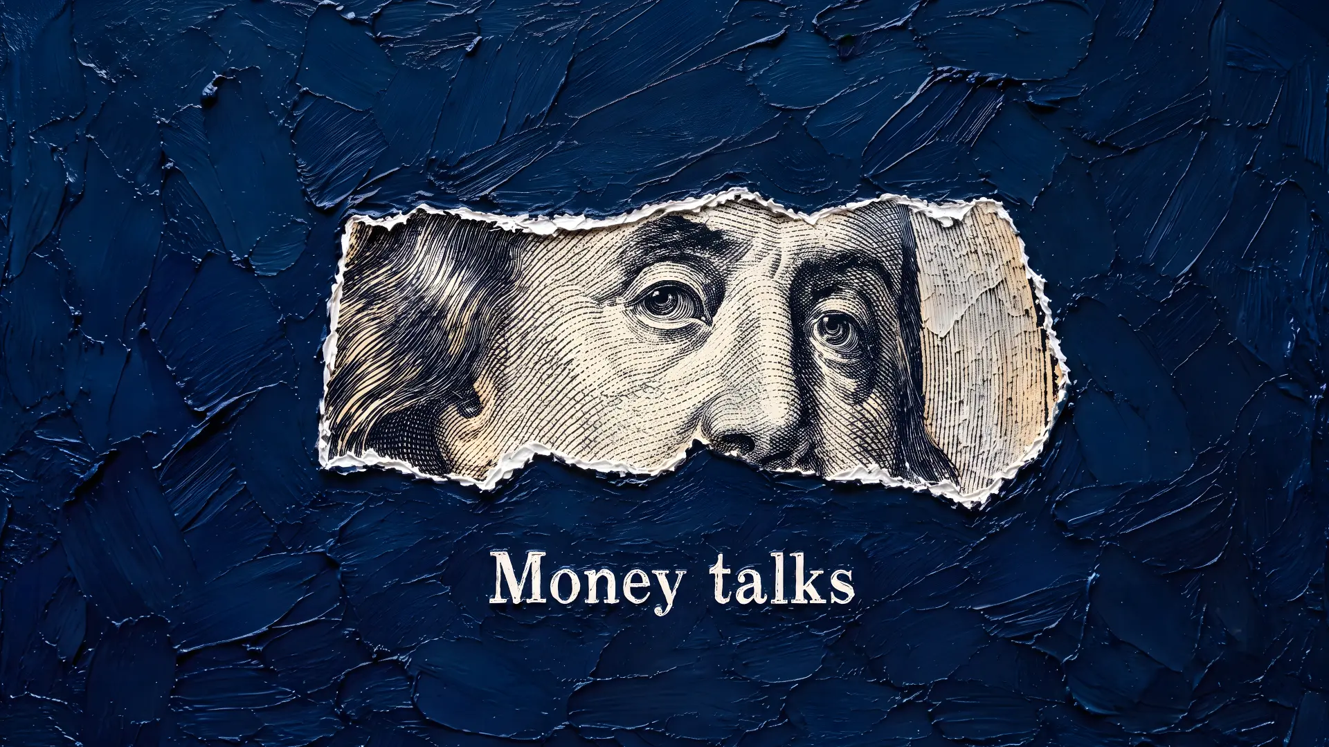 Laptop showing an oil painted Money Talks torn banknote artwork wallpaper