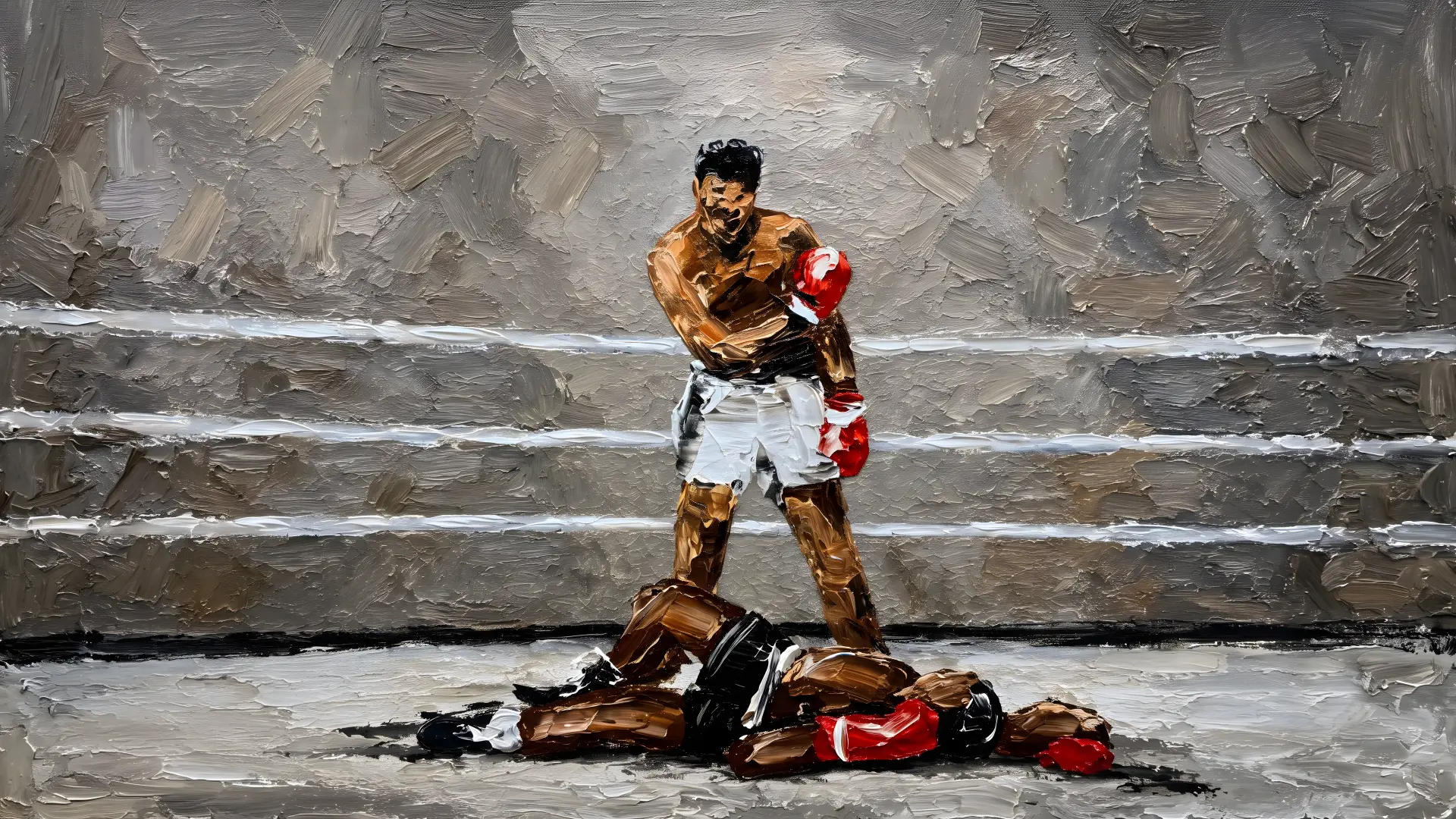Oil painted boxer standing over his knocked out opponent in the ring