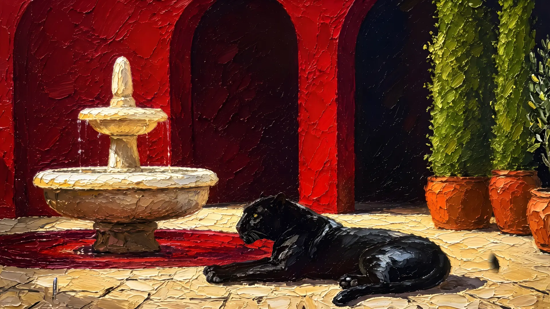 Oil painted black panther resting beside a fountain against a red wall