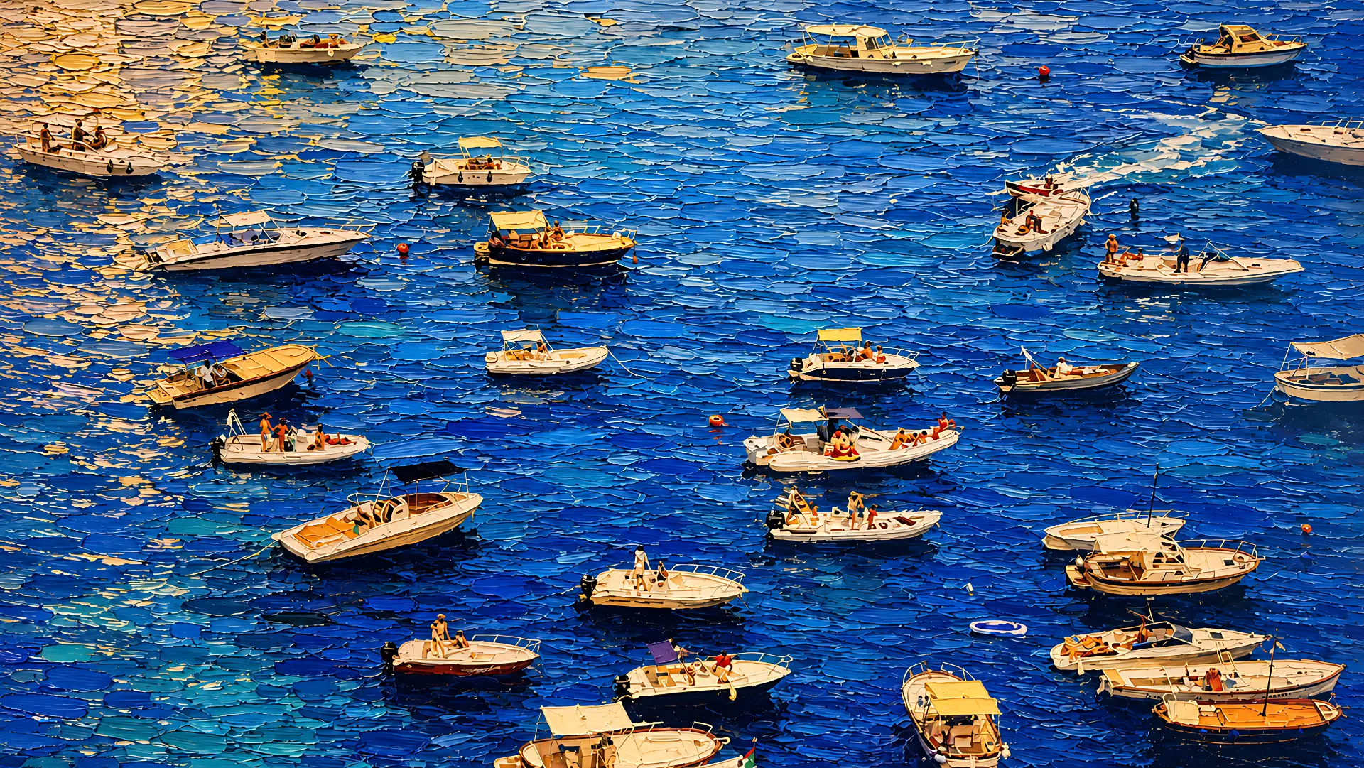 Oil painted aerial view of white boats on deep blue Mediterranean water