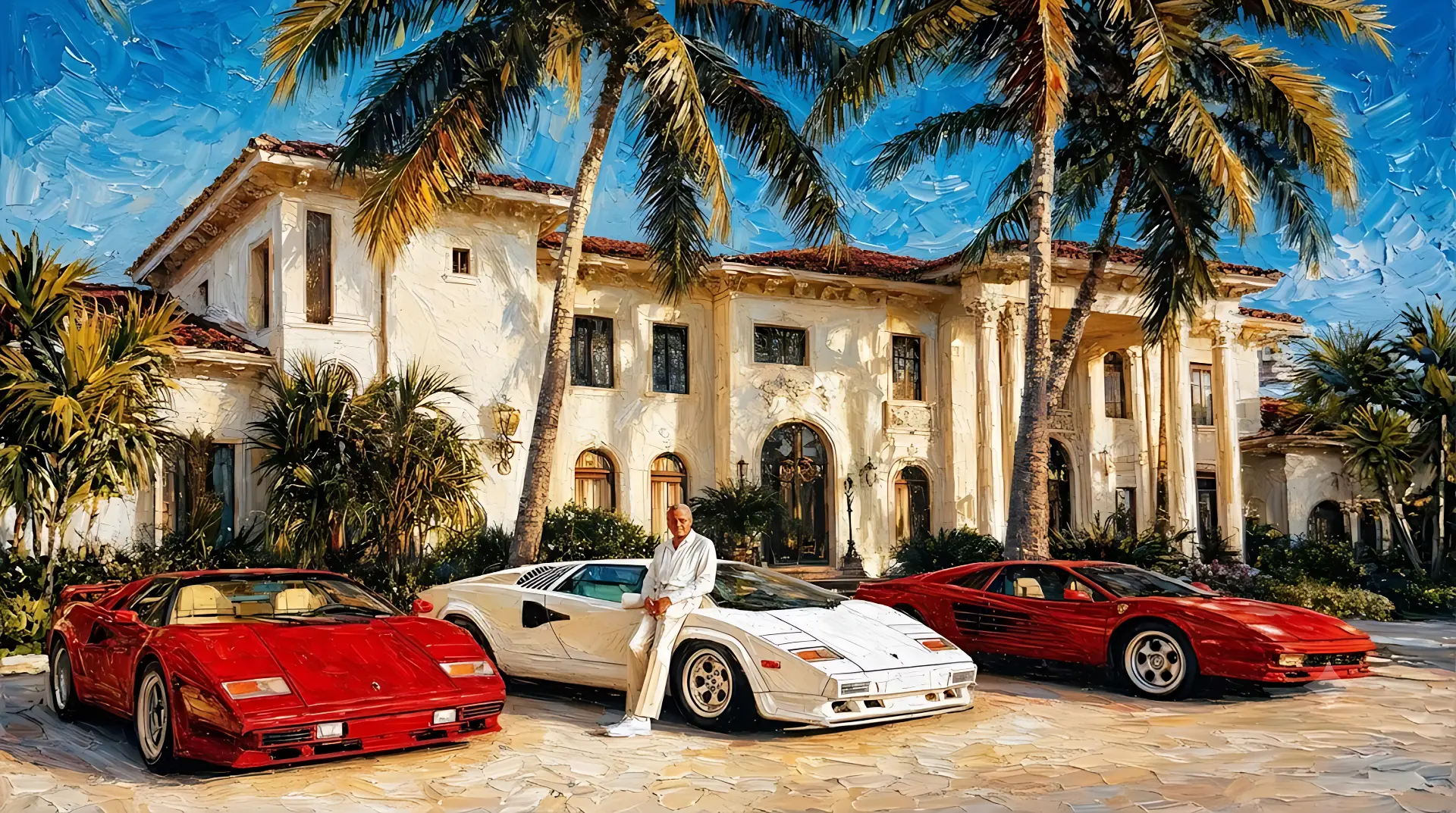 Oil painted Mediterranean mansion with classic supercars under palm trees