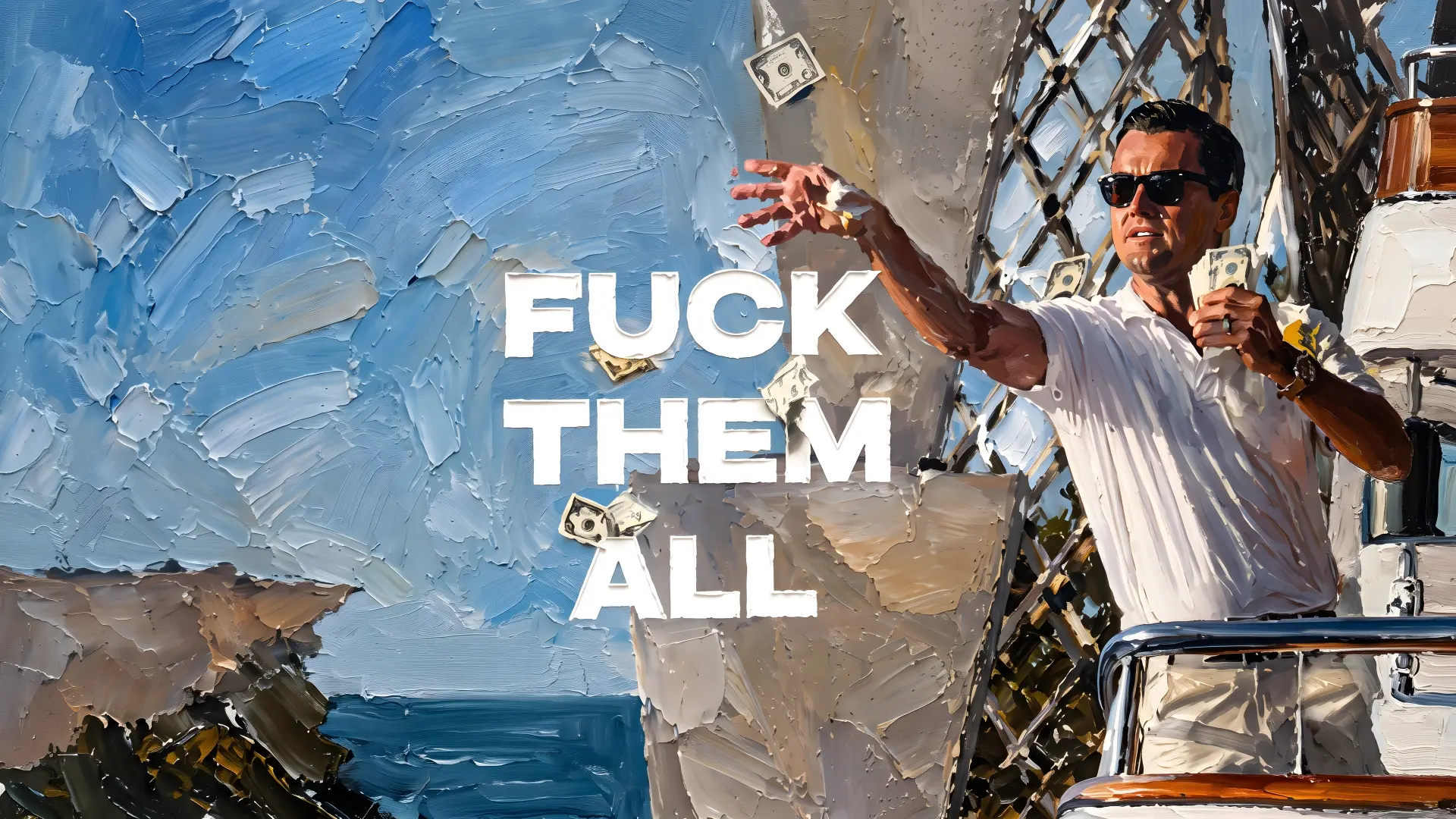 Oil painted man throwing cash from a yacht under bold white lettering