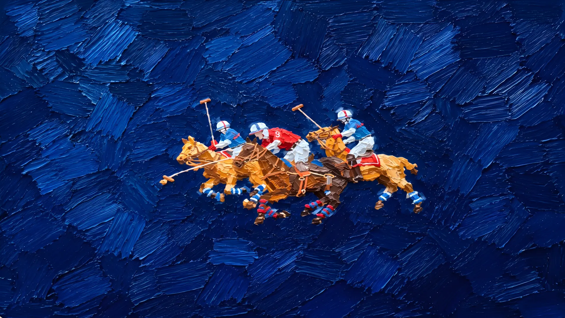 Oil painted polo match charging across a deep blue impasto field
