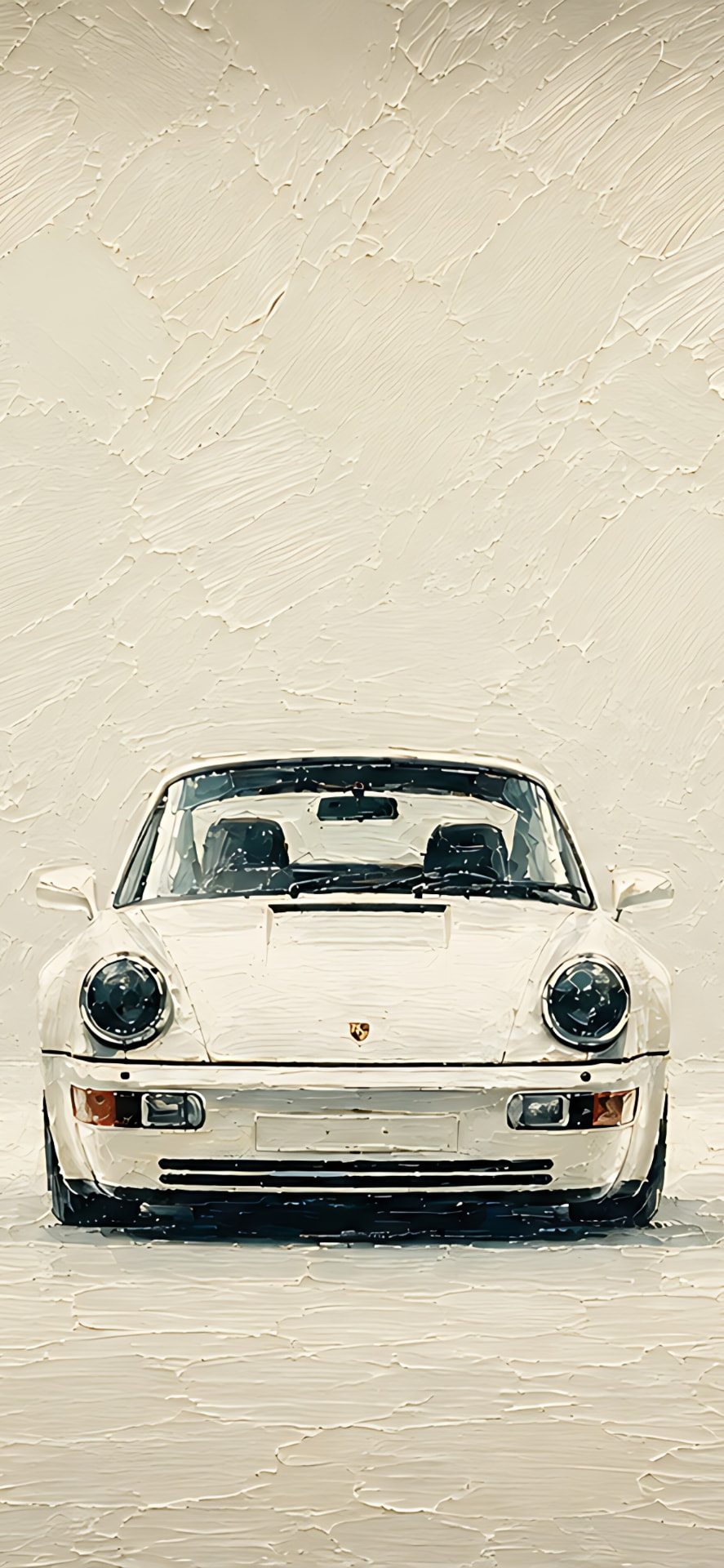 Oil painted white classic Porsche 911 against a cream textured wall