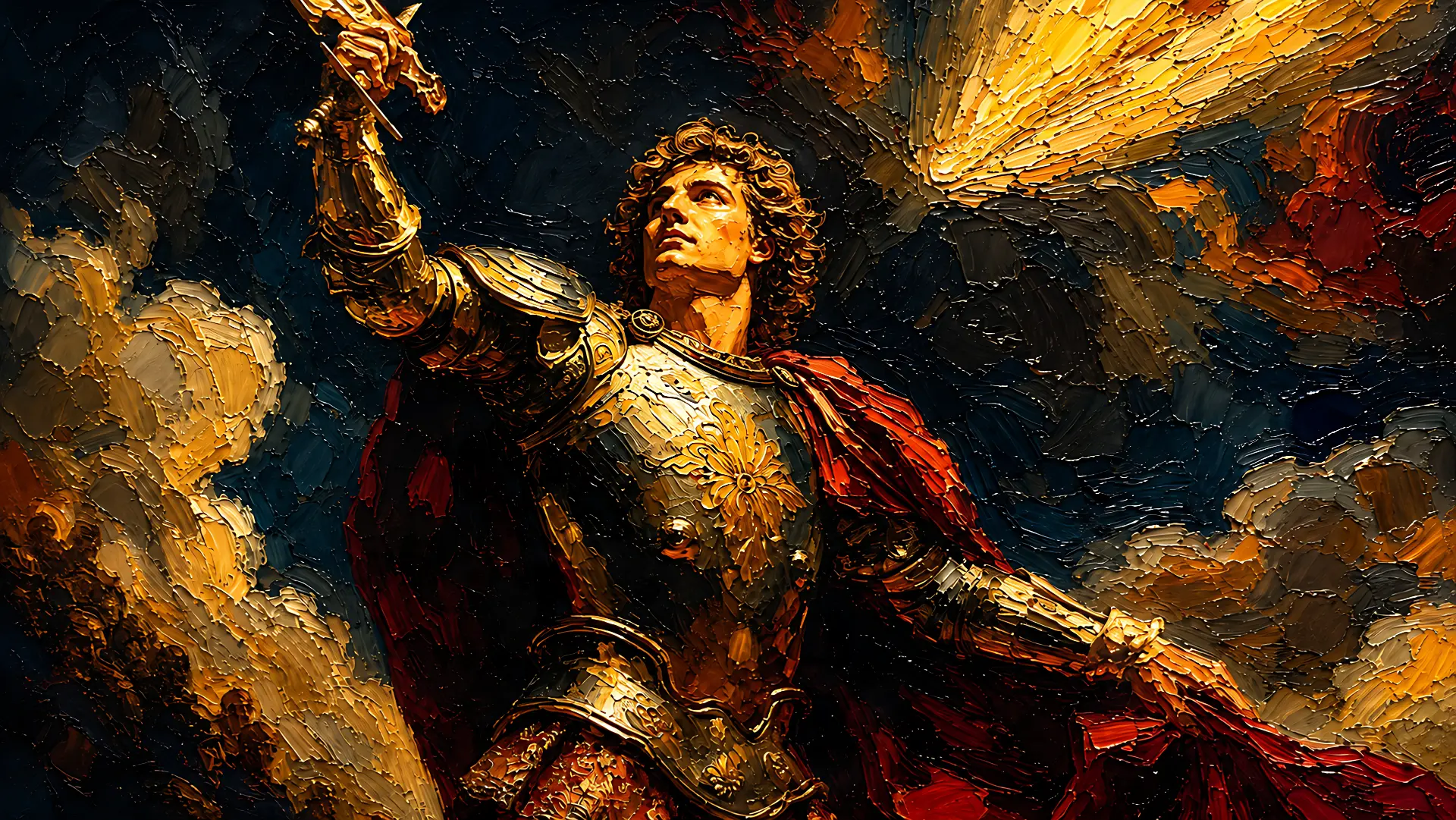 Oil painted knight in golden armor raising a sword to the sky
