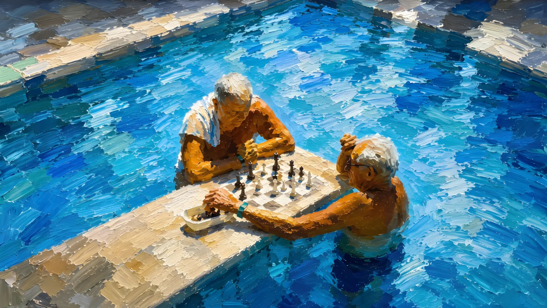 Oil painted aerial view of two men playing chess in a swimming pool