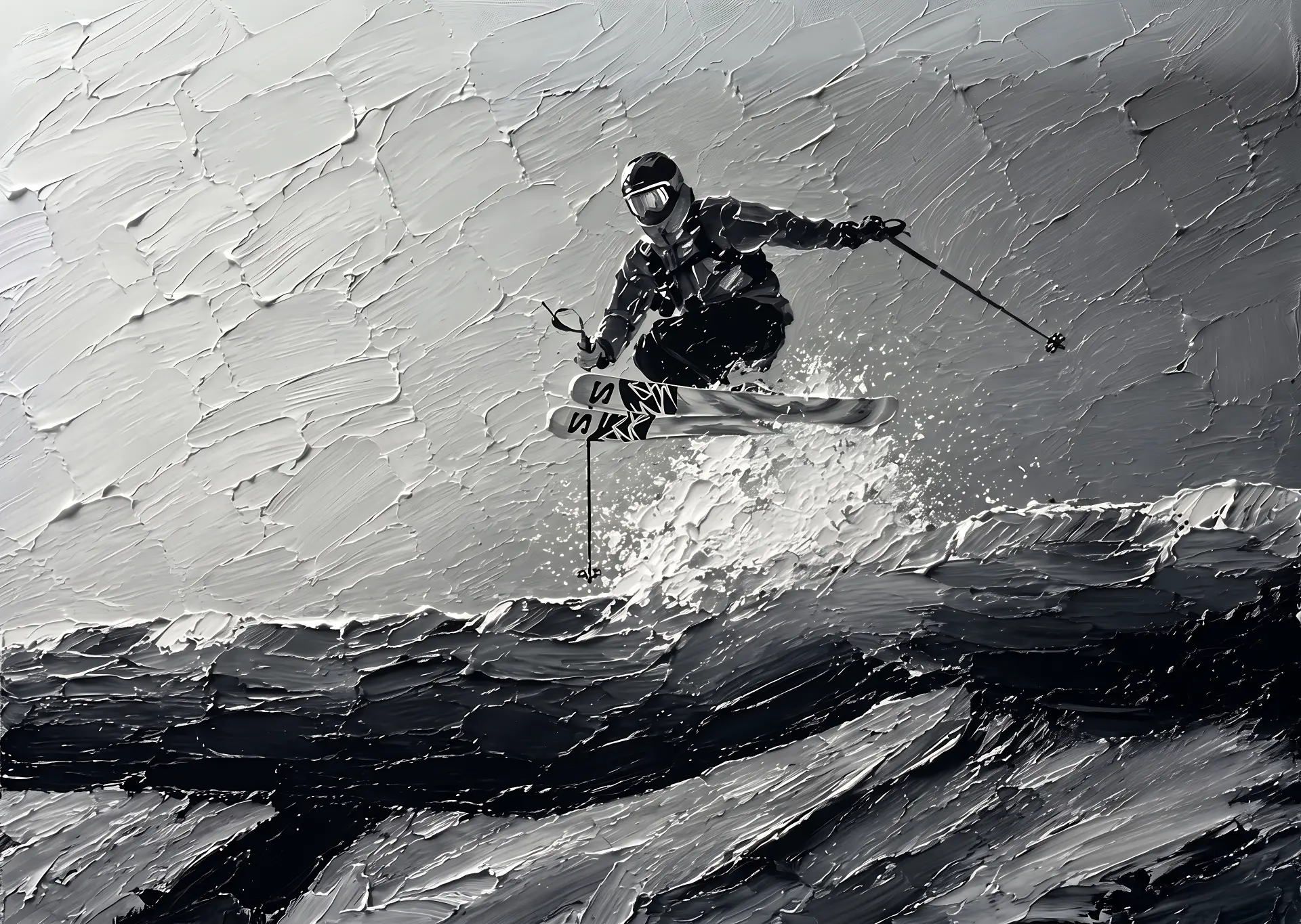 Oil painted skier launching off a ridge in black and white impasto