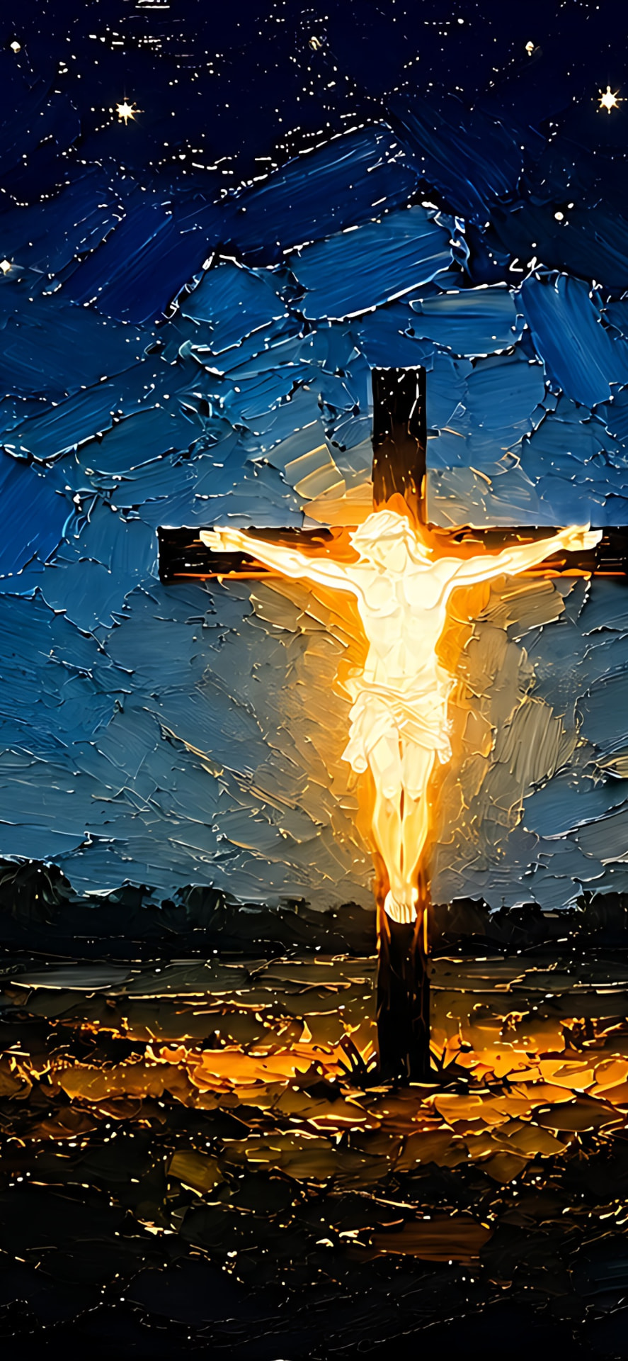 Oil painted glowing cross under a deep blue starry night sky