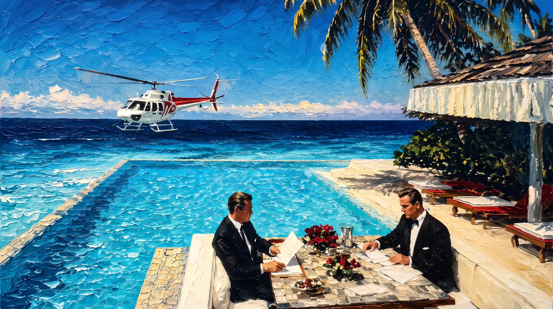 Oil painted businessmen closing a deal by an infinity pool as a helicopter flies past
