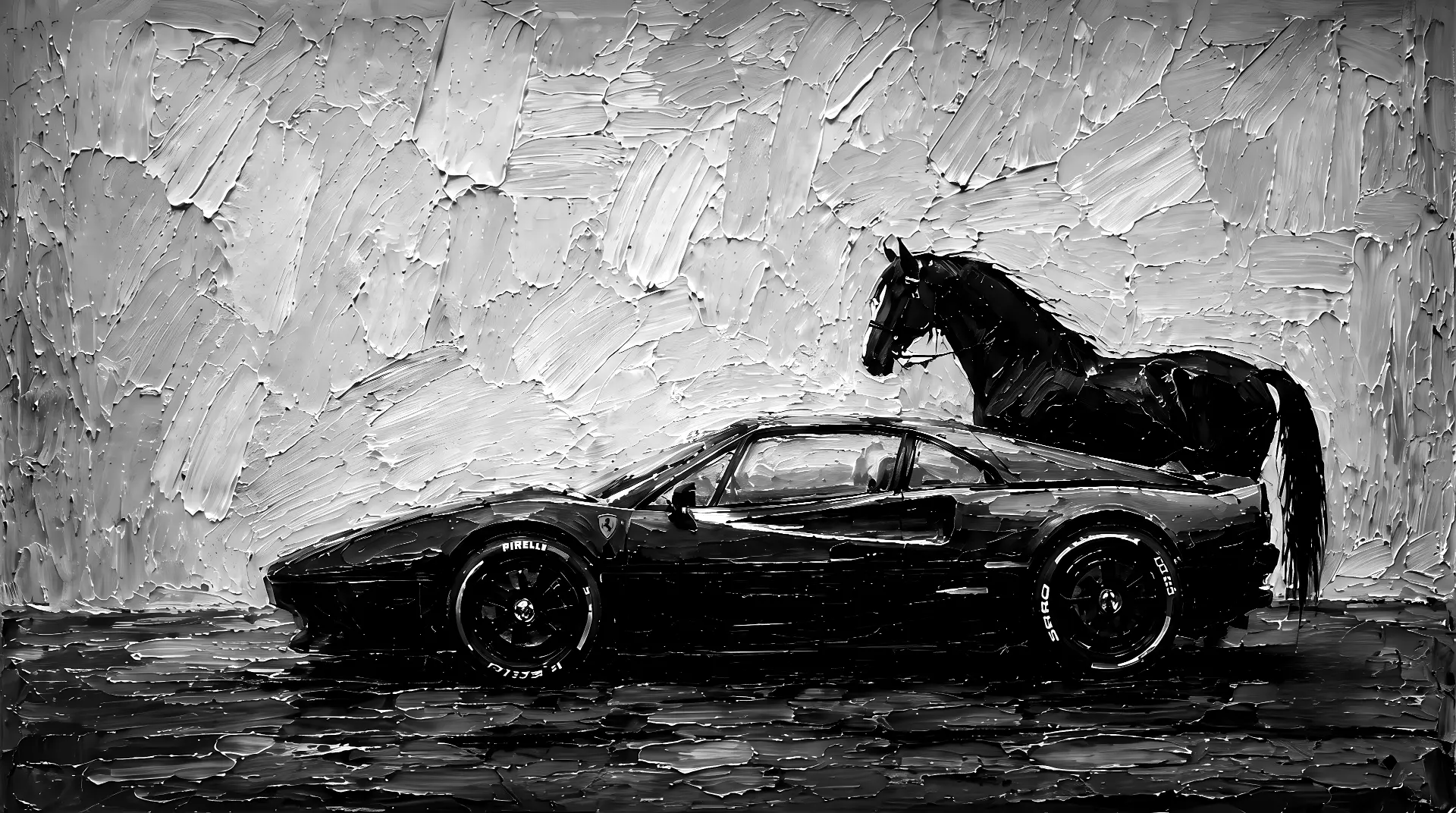 Oil painted black Ferrari beside a dark horse in monochrome impasto