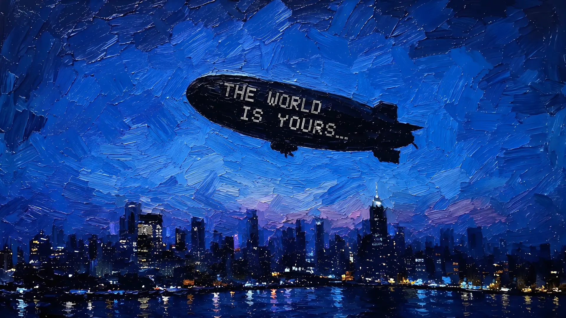 Oil painted blimp reading The world is yours over a night city skyline
