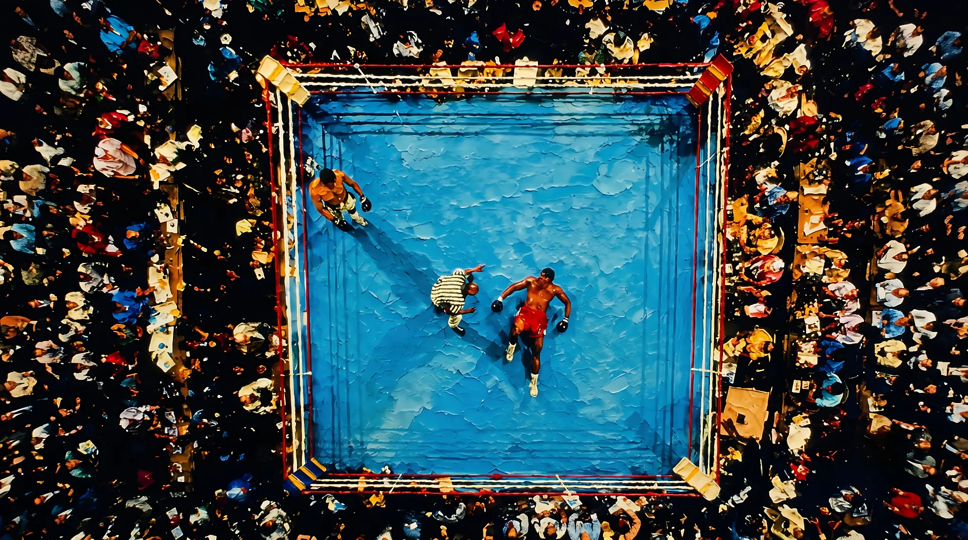 Oil painted overhead view of two boxers in a blue ring surrounded by the crowd