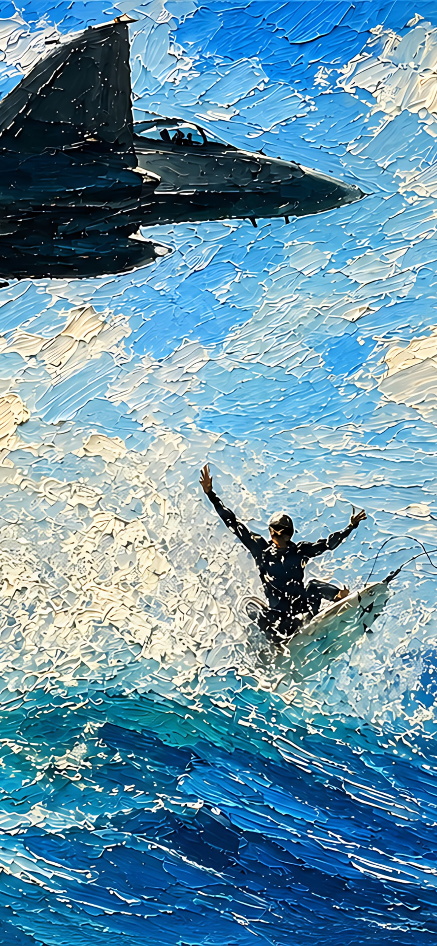 Oil painted surfer riding a wave as a fighter jet roars overhead