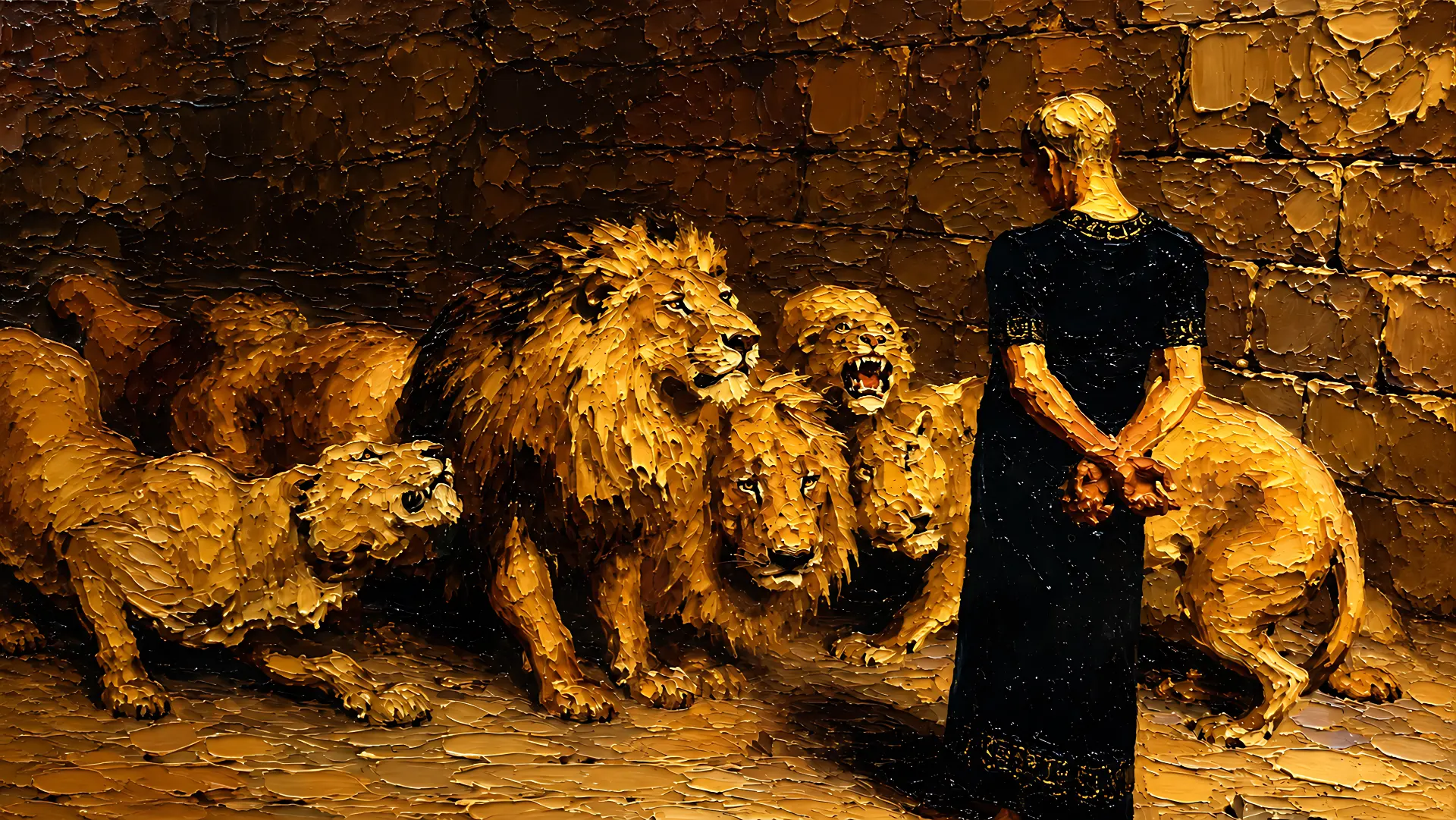 Oil painted figure standing calmly among golden lions in a stone den