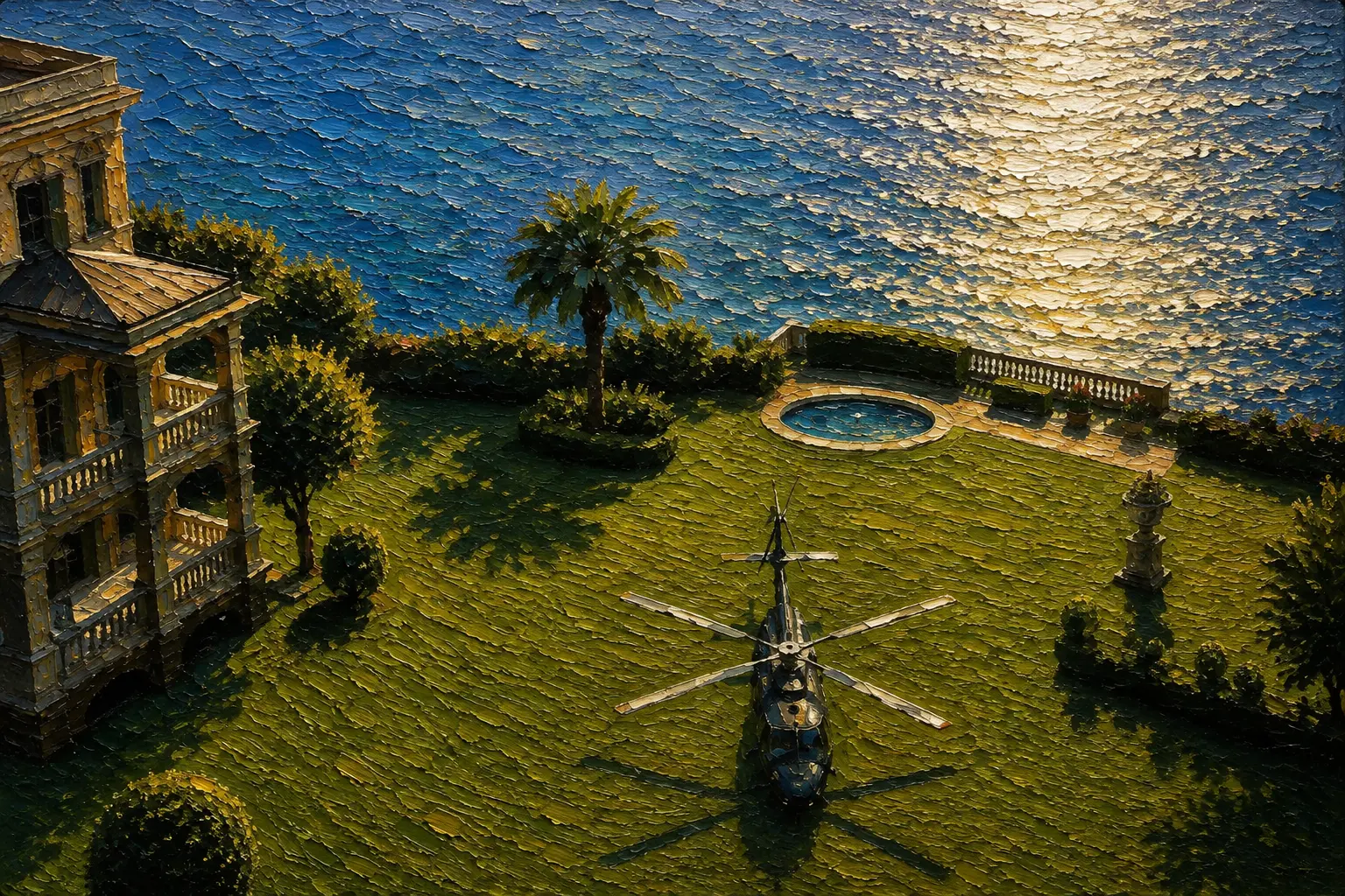 Oil painted clifftop villa with a helicopter on the lawn above the sea