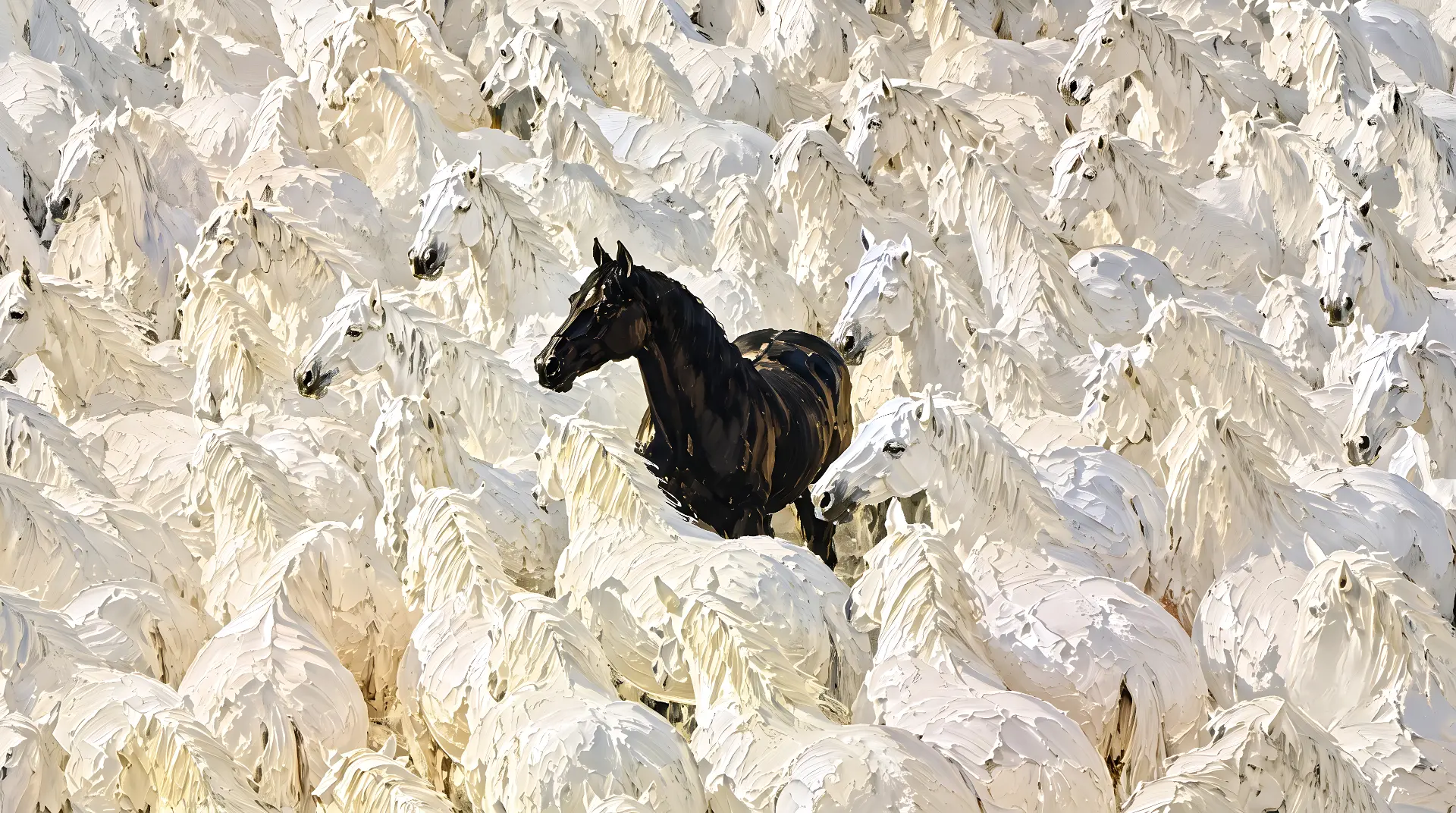 Laptop showing an oil painted black horse standing out in a white herd wallpaper