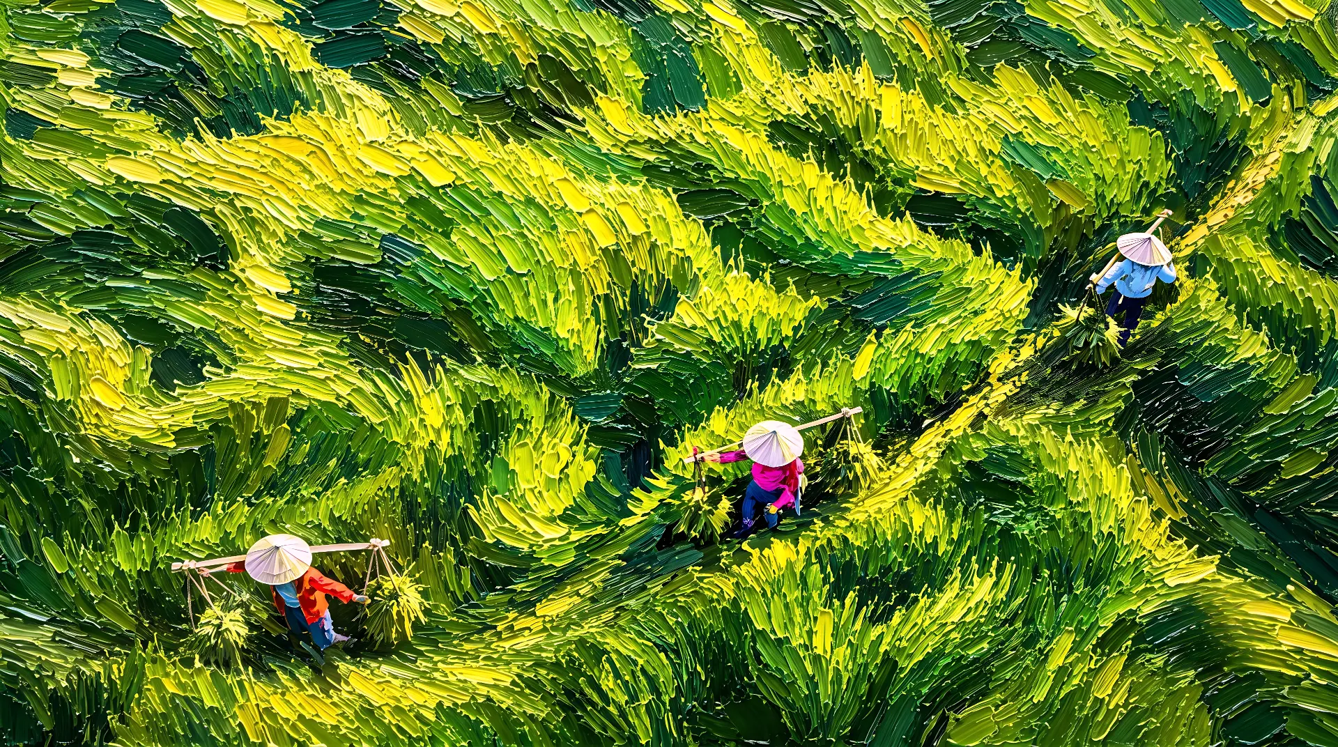 Oil painted aerial view of farmers walking through green rice terraces