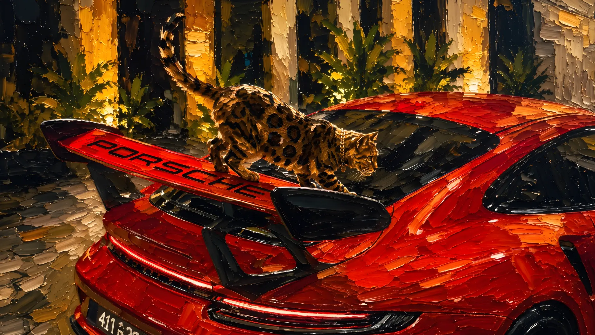 Oil painted leopard cat prowling across the rear wing of a red Porsche