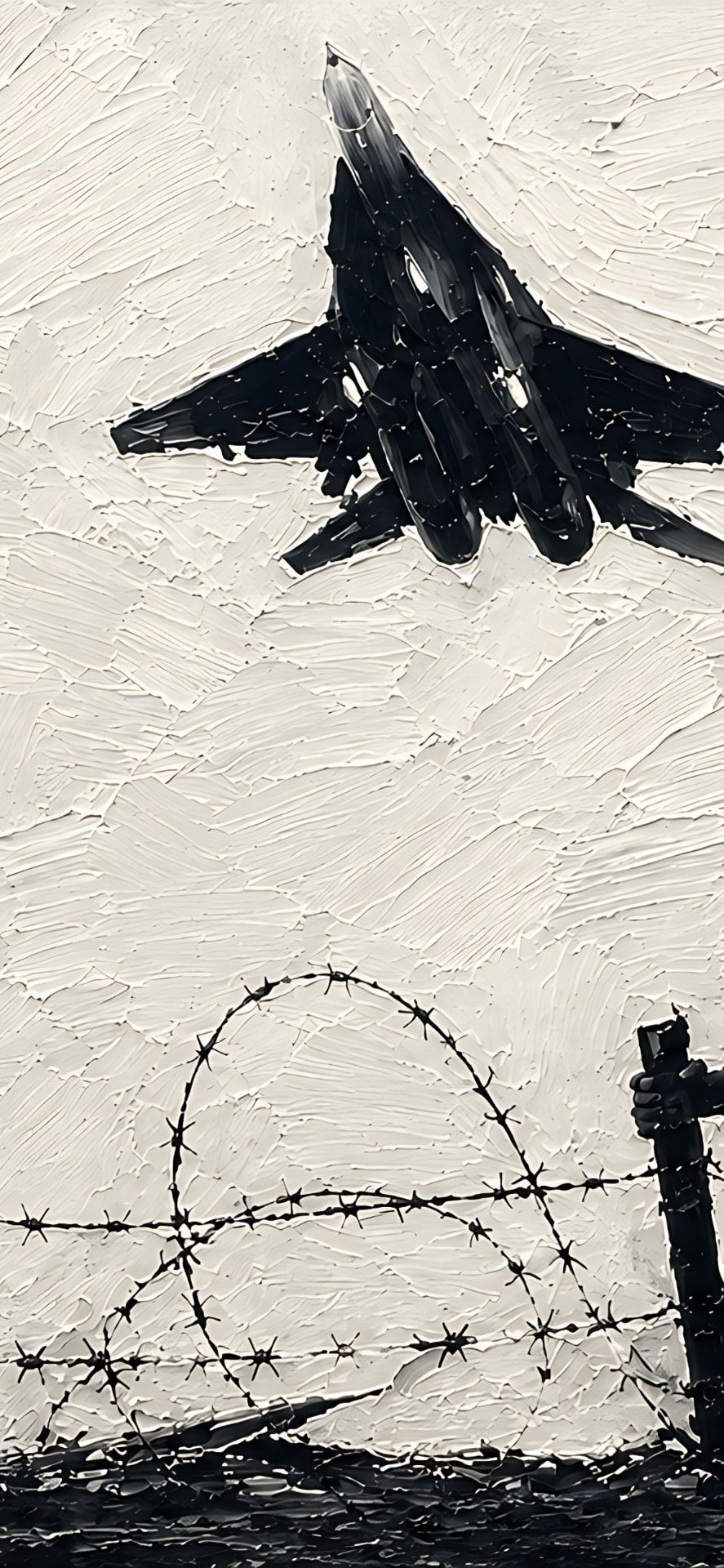 Oil painted fighter jet climbing above a barbed wire fence in black and white