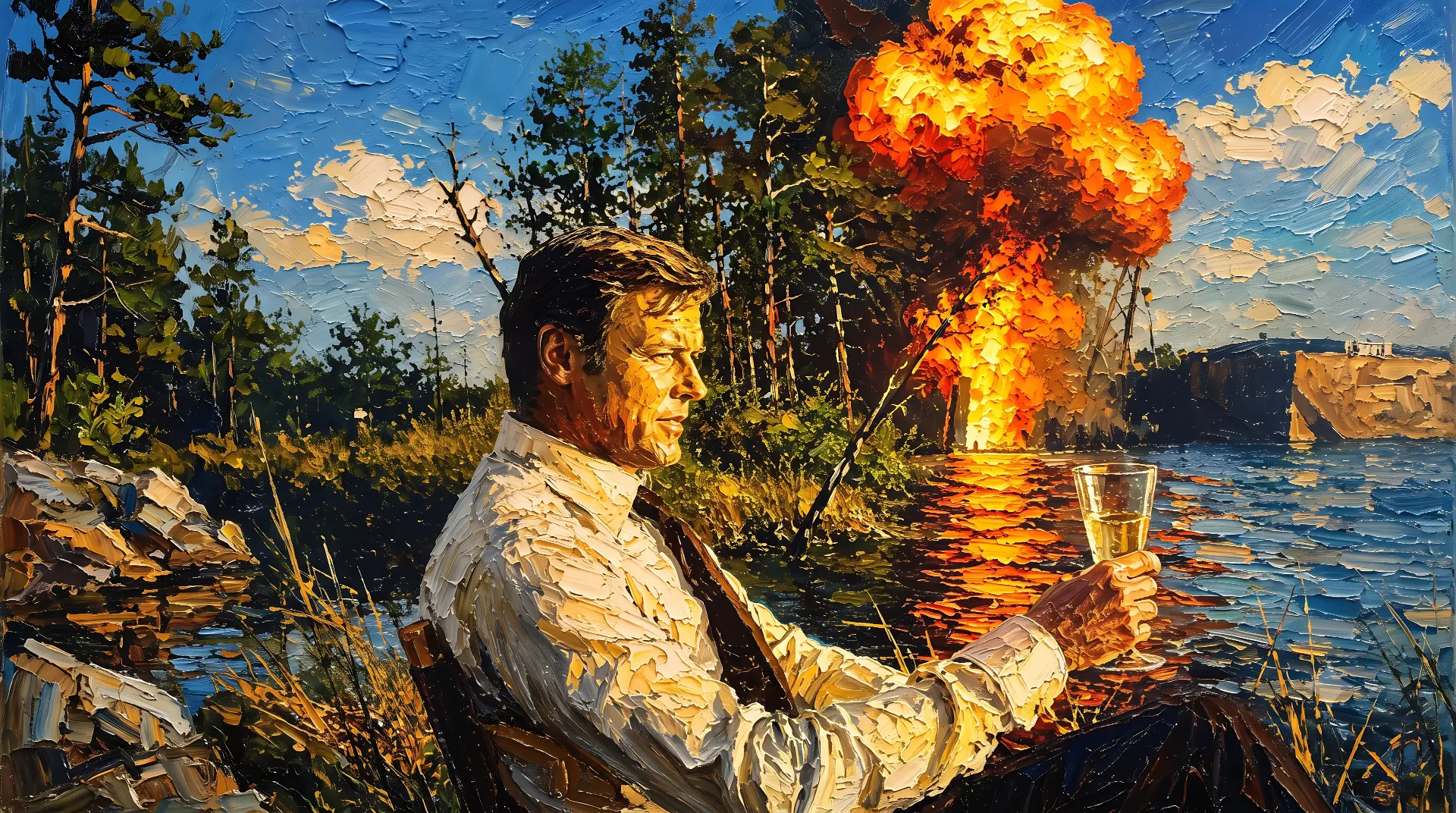 Oil painted man raising a glass by the lake as an explosion blooms behind him