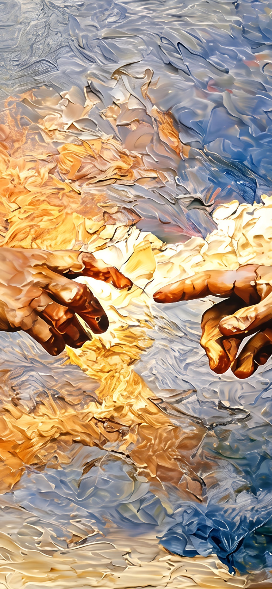 Oil painted close up of two hands reaching toward each other in impasto texture