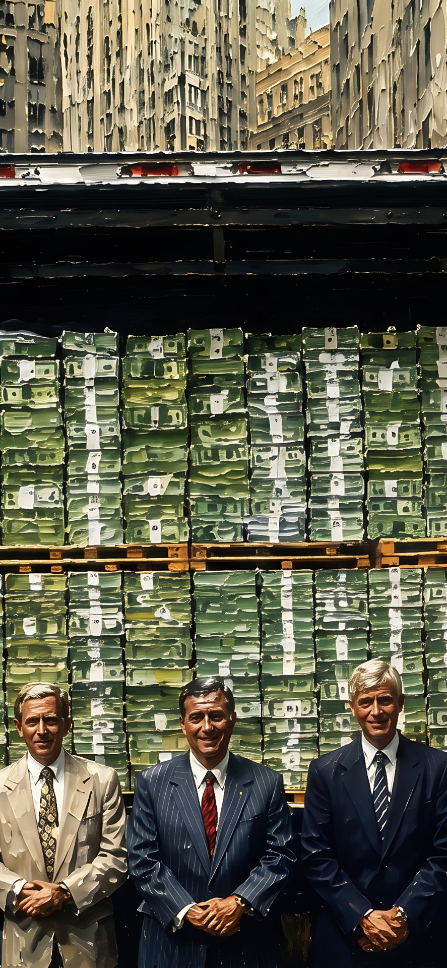 Oil painted bankers standing before a truck stacked with cash on Wall Street