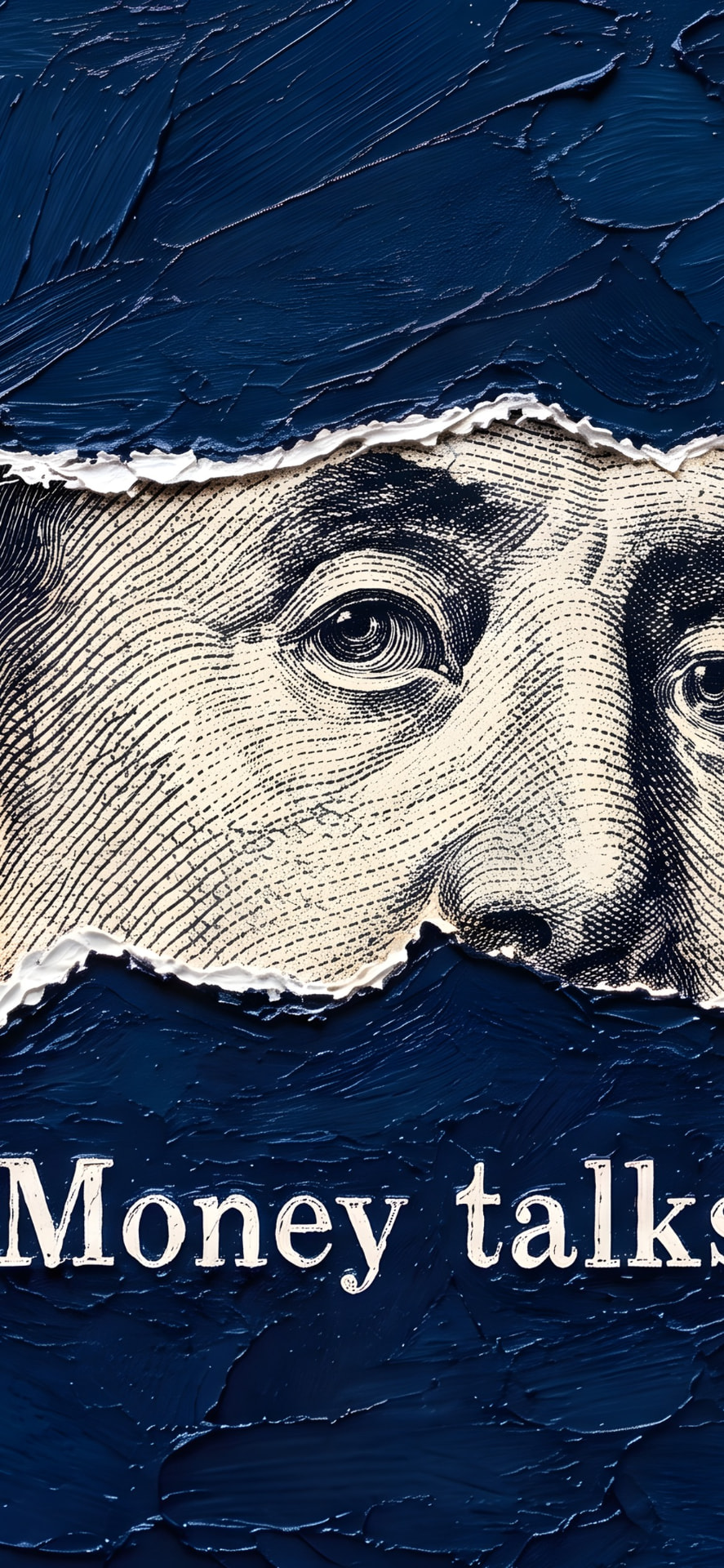 Oil painted torn dollar bill reading Money talks on a deep blue canvas