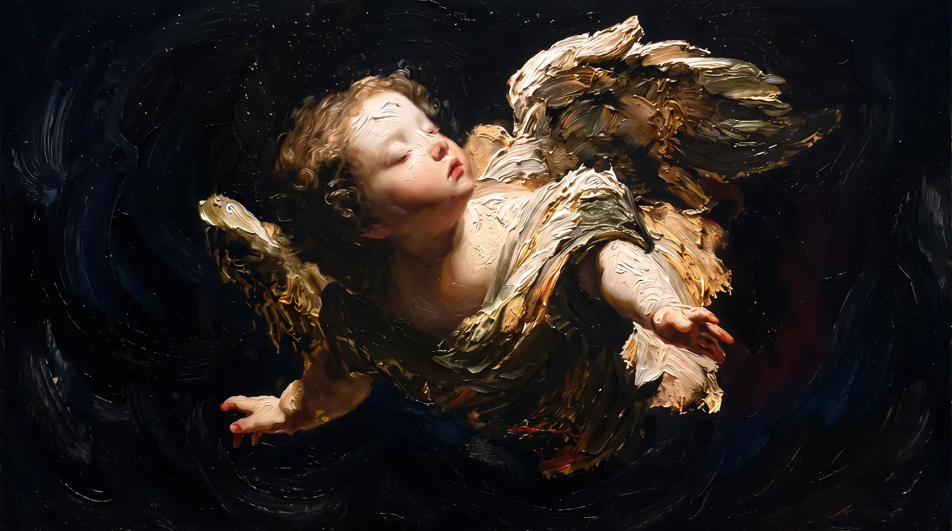 Oil painted golden winged cherub floating against a deep black sky