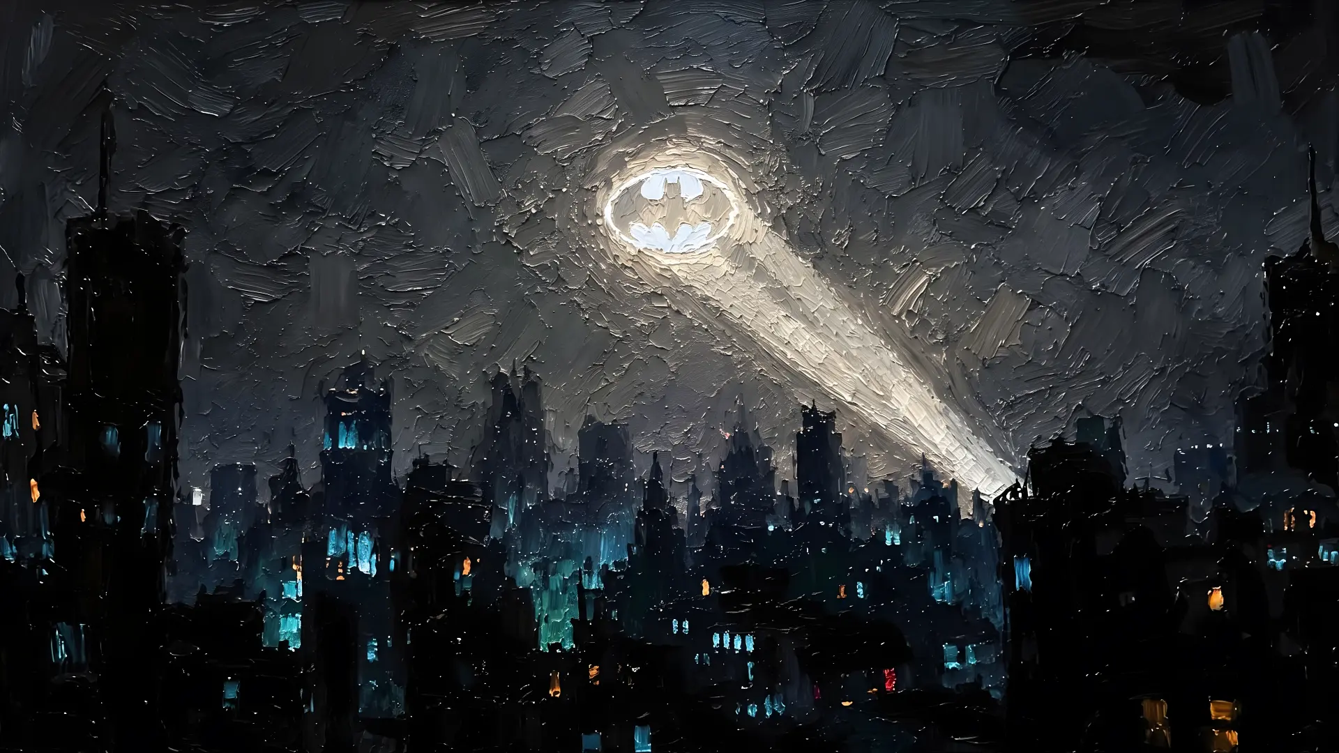 Oil painted bat signal cutting through the clouds over a dark city