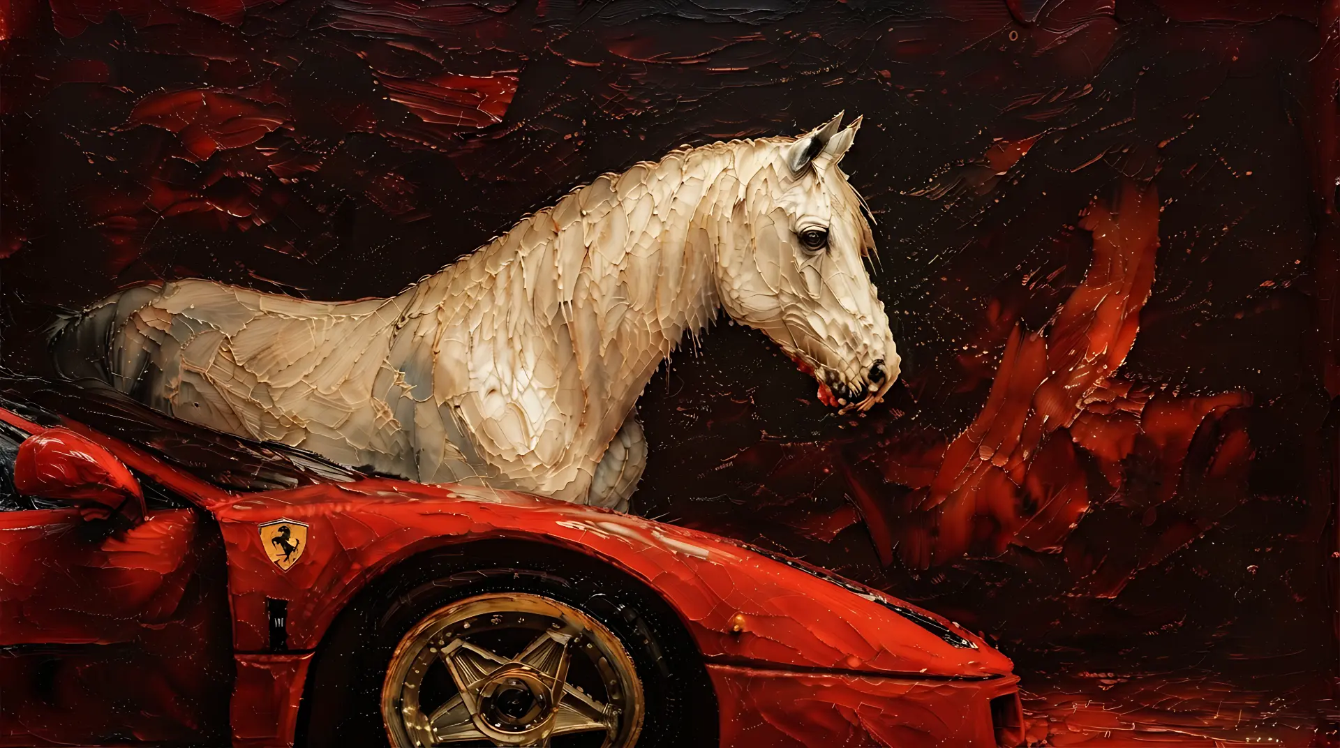 Oil painted pale horse standing over a red Ferrari against a crimson wall
