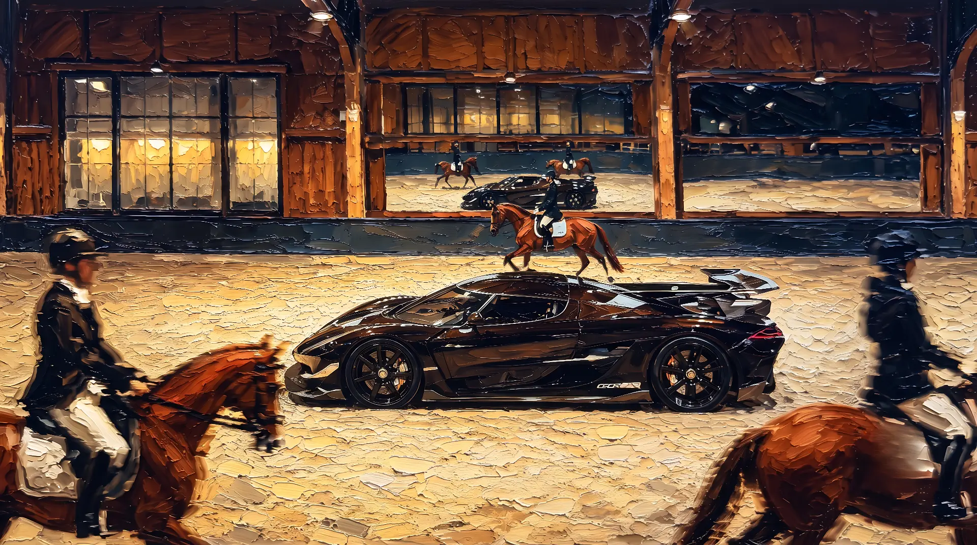 Oil painted black hypercar surrounded by dressage horses in a riding hall